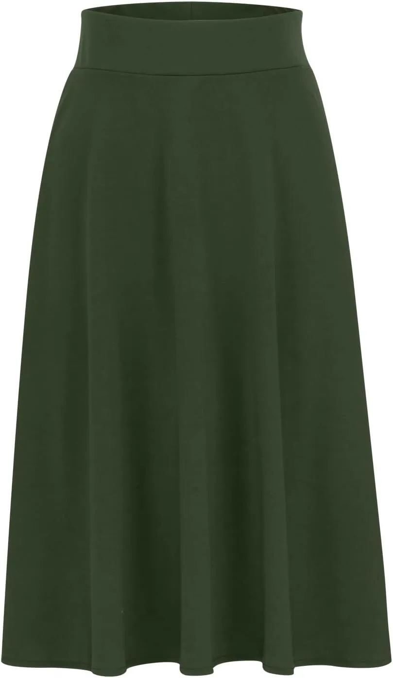 Womens Basic Solid Midi Skirts Casual Knee Length A-Line Skirt Lightweight Flare Pull On Closure Skirt Plus Size 3XL
