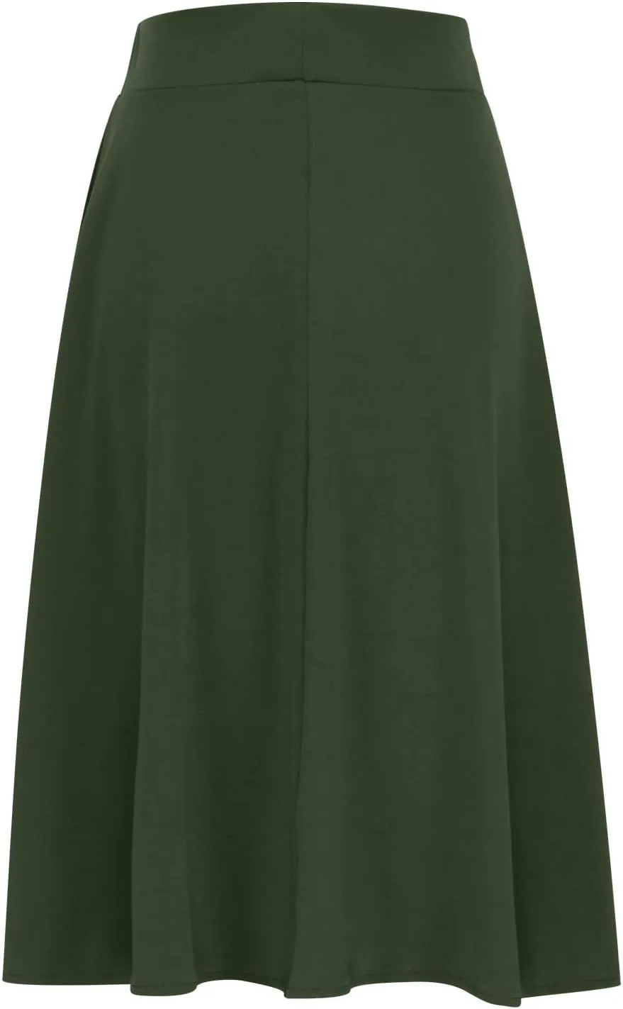 Womens Basic Solid Midi Skirts Casual Knee Length A-Line Skirt Lightweight Flare Pull On Closure Skirt Plus Size 3XL
