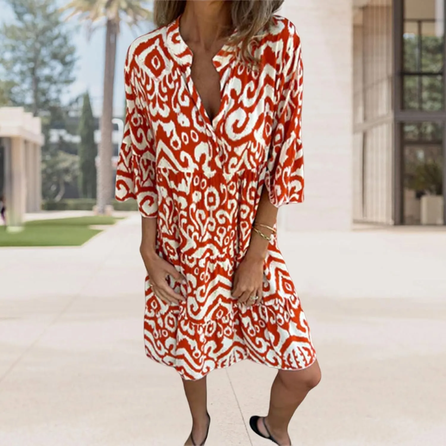 Women's Beach Cover Ups Sundress Casual V Neck Short Sleeve Boho Floral Print Flowy Maxi Summer Dresses