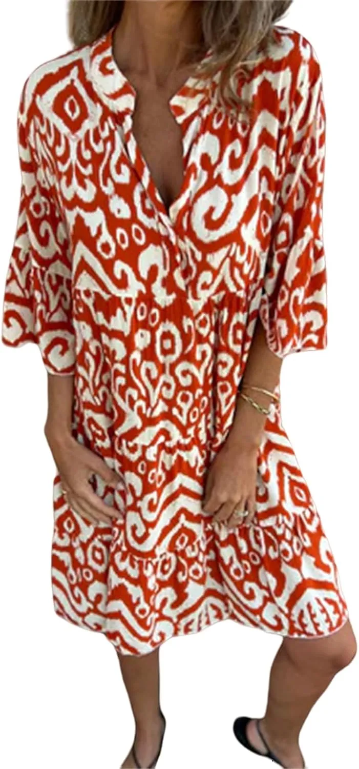 Women's Beach Cover Ups Sundress Casual V Neck Short Sleeve Boho Floral Print Flowy Maxi Summer Dresses