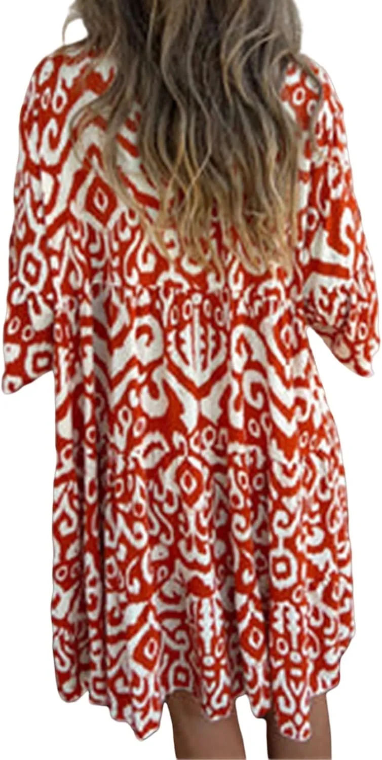 Women's Beach Cover Ups Sundress Casual V Neck Short Sleeve Boho Floral Print Flowy Maxi Summer Dresses