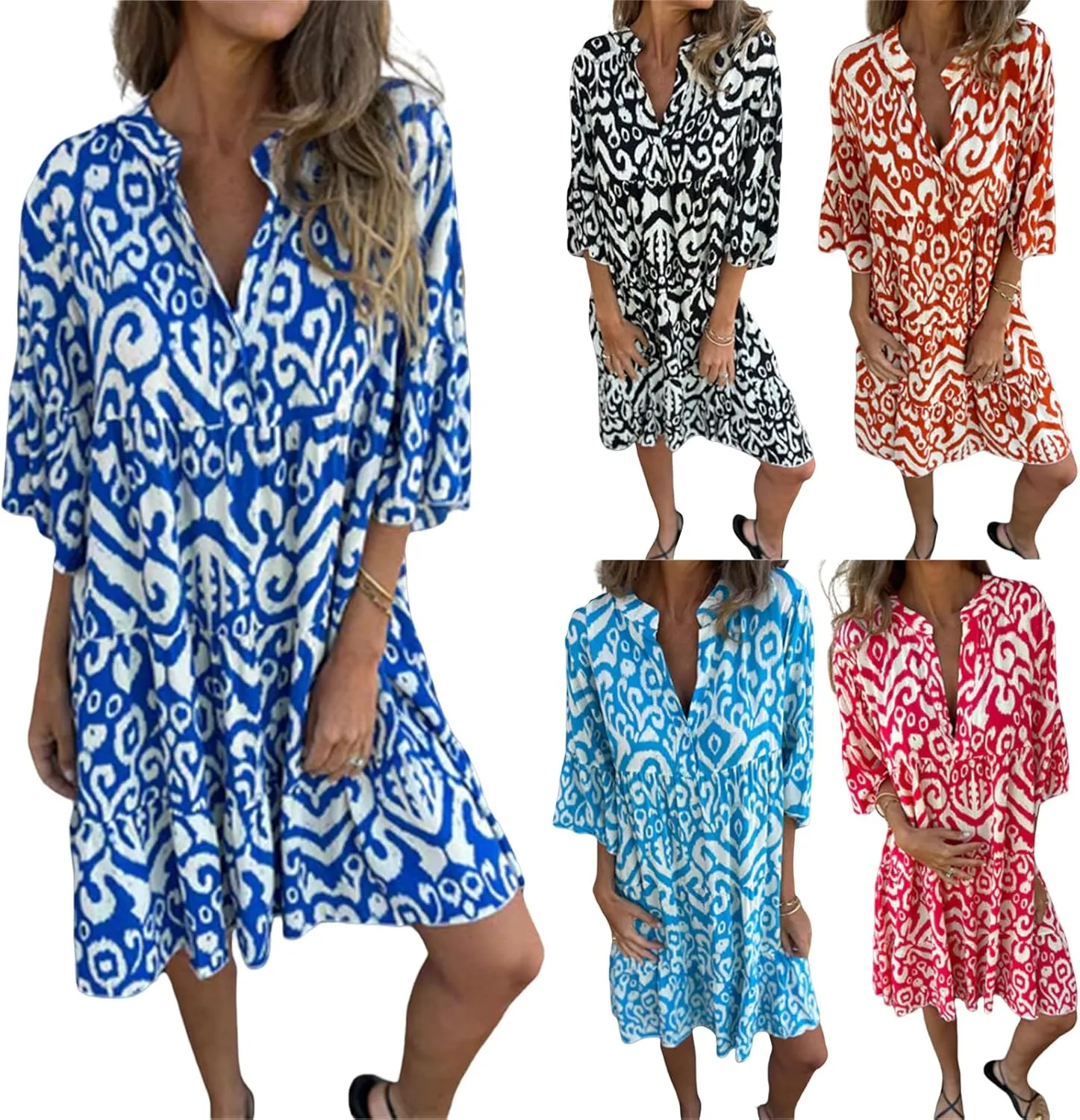 Women's Beach Cover Ups Sundress Casual V Neck Short Sleeve Boho Floral Print Flowy Maxi Summer Dresses