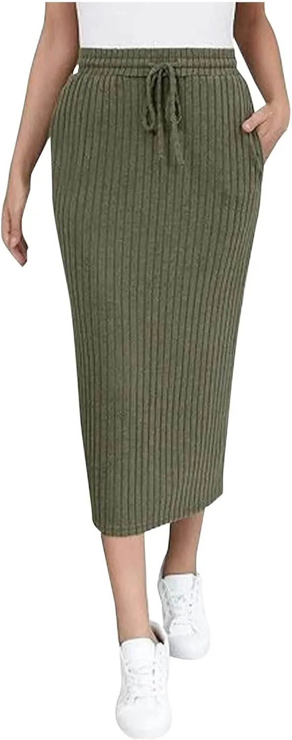 Women's Bodycon Knitted Ribbed Pencil Skirts Elastic High Waisted Midi Long Skirt Trendy Casual Fall Spring Outfit