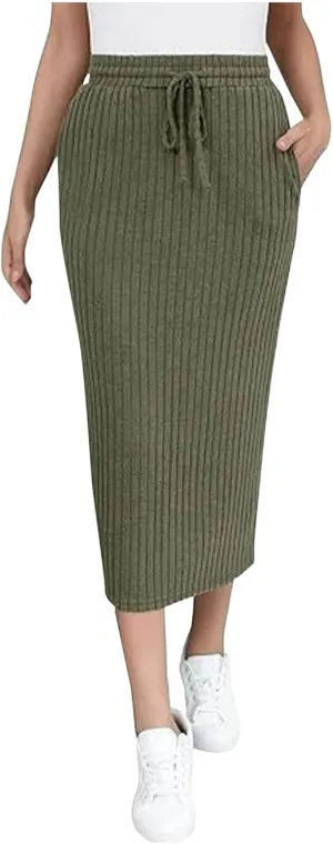 Women's Bodycon Knitted Ribbed Pencil Skirts Elastic High Waisted Midi Long Skirt Trendy Casual Fall Spring Outfit