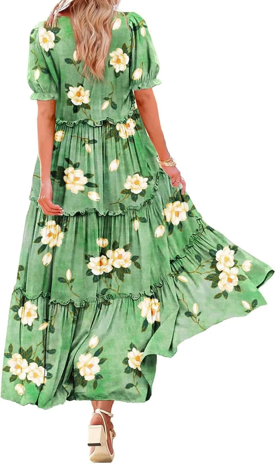 Womens Bohemian Floral Dresses Fashion Puff Short Sleeves O-Neck Casual Ruffles Layered Patchwork Maxi Swing Dress