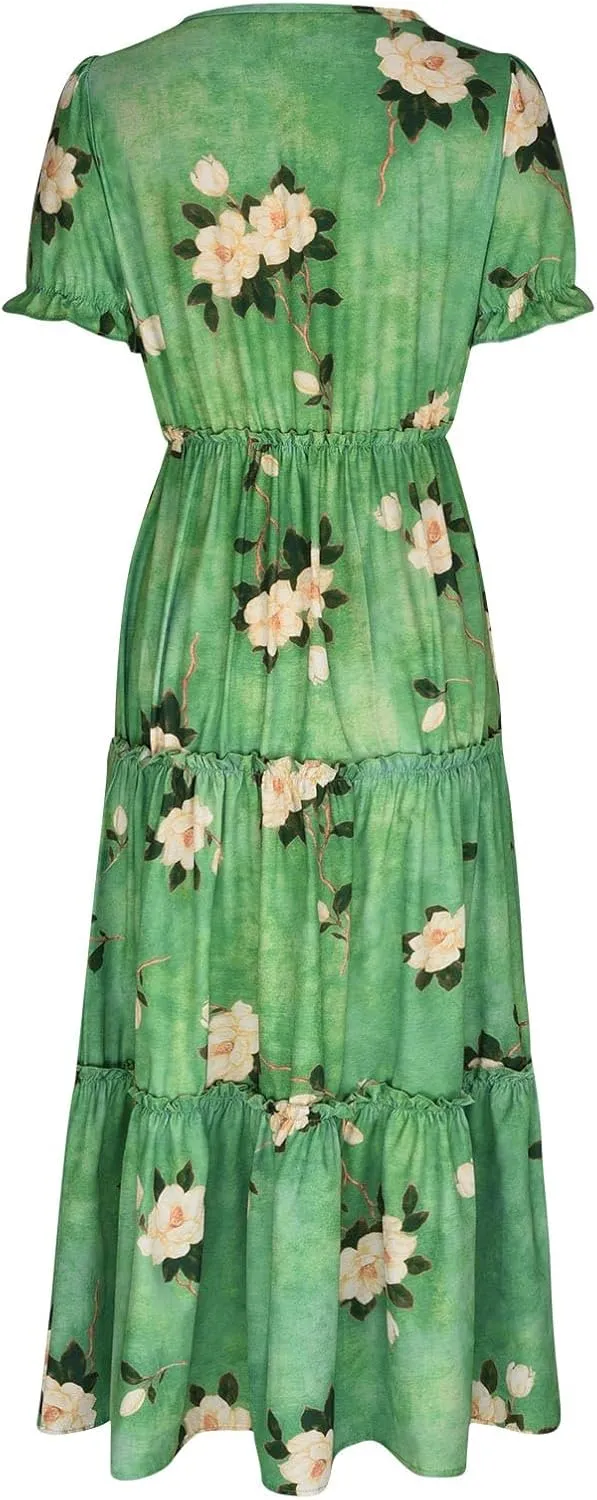 Womens Bohemian Floral Dresses Fashion Puff Short Sleeves O-Neck Casual Ruffles Layered Patchwork Maxi Swing Dress