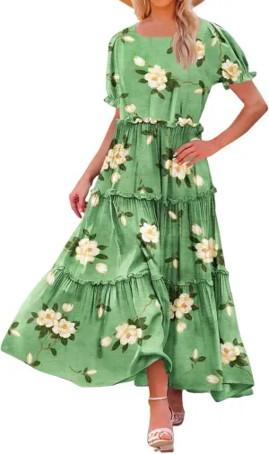 Womens Bohemian Floral Dresses Fashion Puff Short Sleeves O-Neck Casual Ruffles Layered Patchwork Maxi Swing Dress