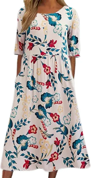 Women's Bohemian Floral Printed Maxi Spring Dress 2025 Colorful Summer Casual Loose Flowy Dresses with Pockets