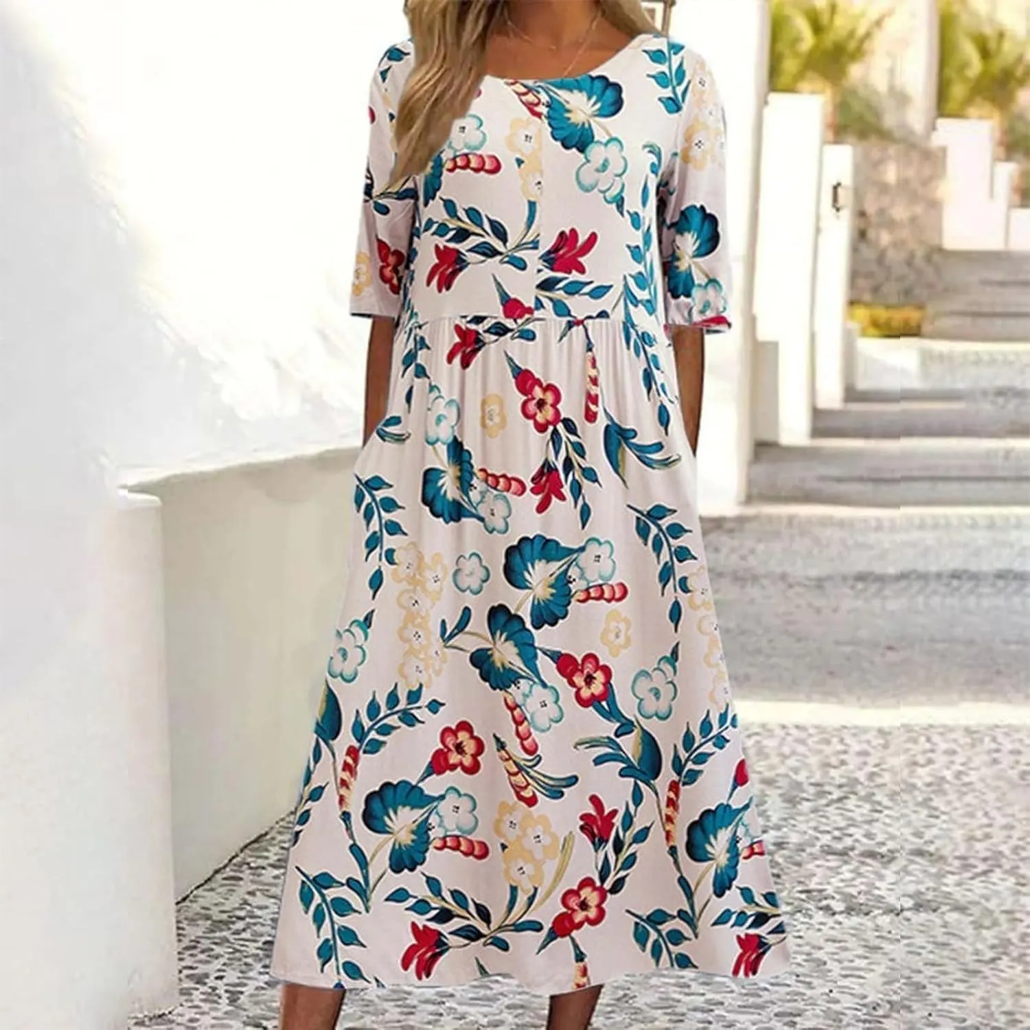 Women's Bohemian Floral Printed Maxi Spring Dress 2025 Colorful Summer Casual Loose Flowy Dresses with Pockets