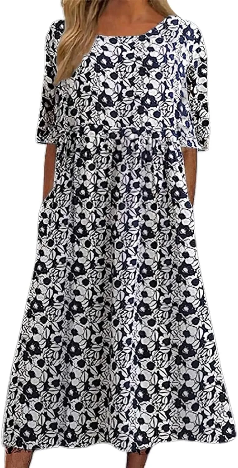 Women's Bohemian Floral Printed Maxi Spring Dress 2025 Colorful Summer Casual Loose Flowy Dresses with Pockets