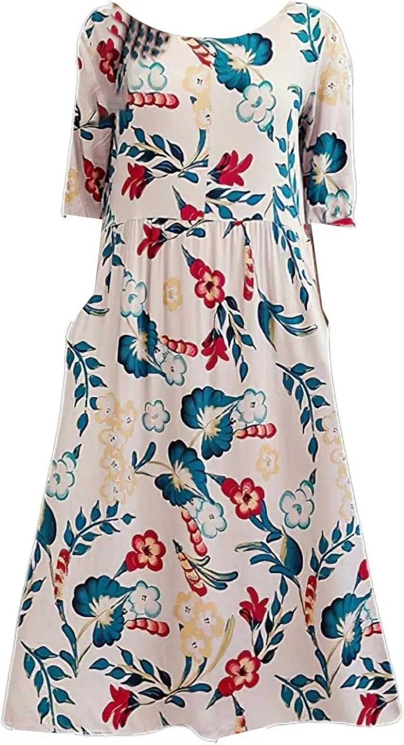 Women's Bohemian Floral Printed Maxi Spring Dress 2025 Colorful Summer Casual Loose Flowy Dresses with Pockets