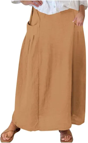 Women's Bohemian Skirts Solid Plus Size Loose Comfy Skirt Casual Dress Skirts High Waist Long Skirt with Pockets