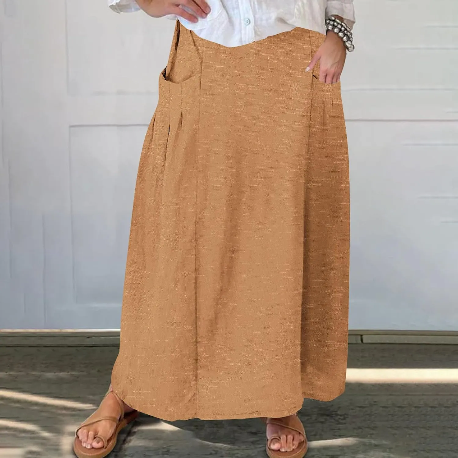 Women's Bohemian Skirts Solid Plus Size Loose Comfy Skirt Casual Dress Skirts High Waist Long Skirt with Pockets
