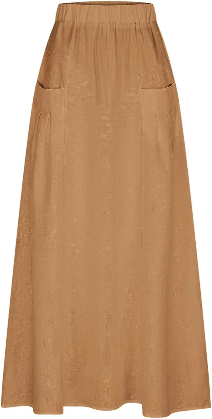 Women's Bohemian Skirts Solid Plus Size Loose Comfy Skirt Casual Dress Skirts High Waist Long Skirt with Pockets