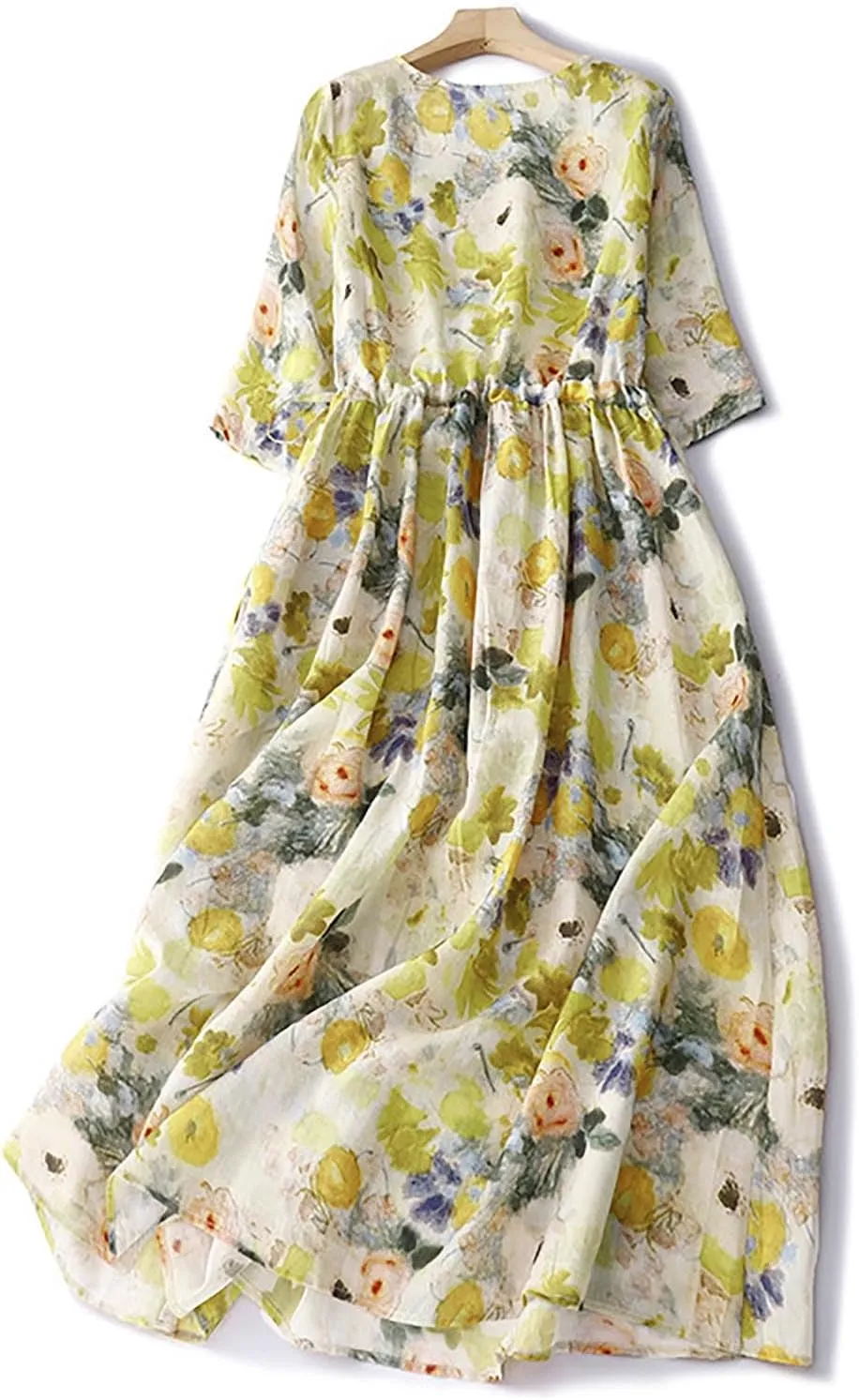 Womens Boho Floral Dresses Cotton Linen Short Sleeves Maxi Swing Dress, Summer Dress for Women 2024 Beach Sundress