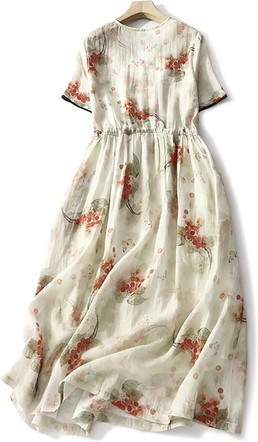 Womens Boho Floral Dresses Cotton Linen Short Sleeves Maxi Swing Dress, Summer Dress for Women 2024 Beach Sundress