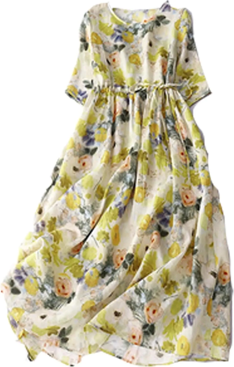 Womens Boho Floral Dresses Cotton Linen Short Sleeves Maxi Swing Dress, Summer Dress for Women 2024 Beach Sundress