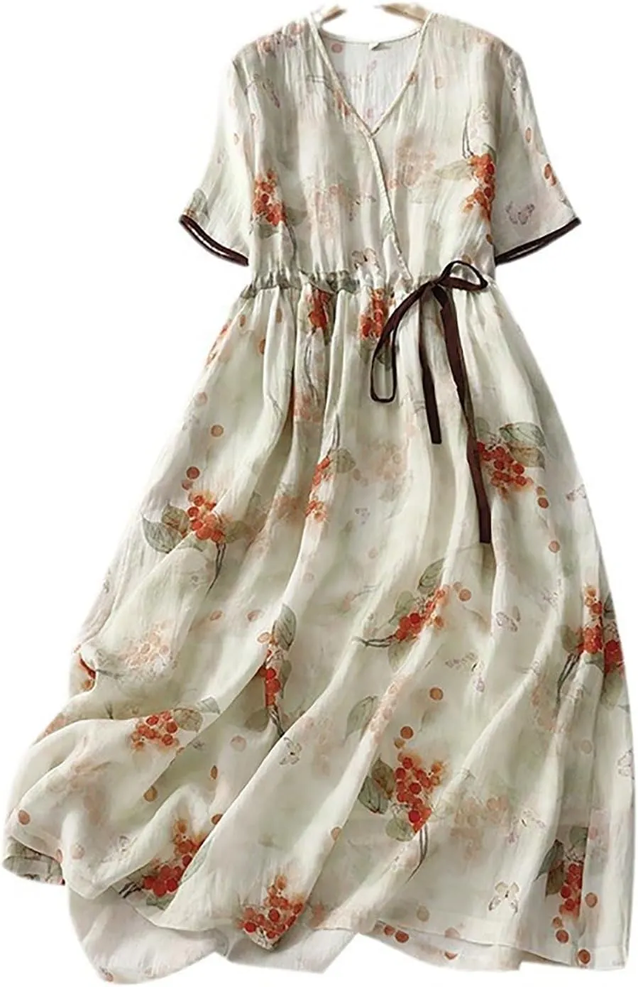 Womens Boho Floral Dresses Cotton Linen Short Sleeves Maxi Swing Dress, Summer Dress for Women 2024 Beach Sundress