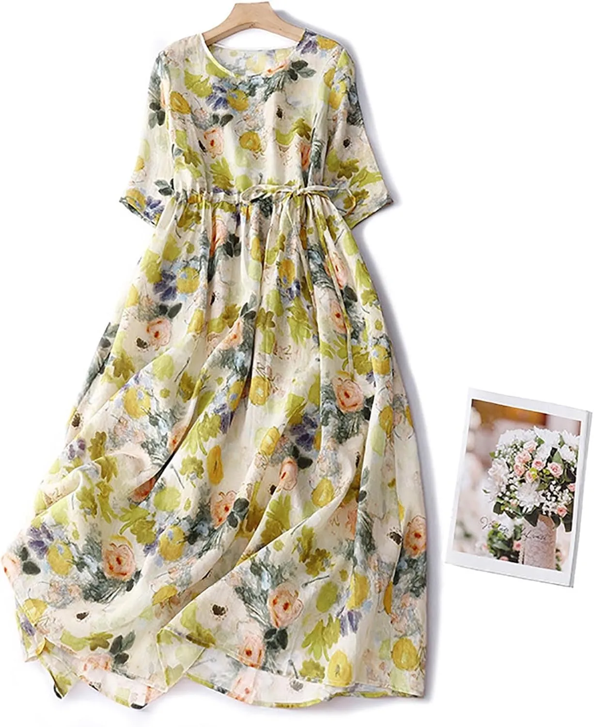 Womens Boho Floral Dresses Cotton Linen Short Sleeves Maxi Swing Dress, Summer Dress for Women 2024 Beach Sundress