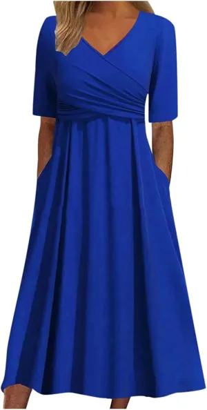 Women's Boho Floral Flowy A Line Midi Dress Casual Loose Summer Short Sleeve Beach Vacation Dresses with Pockets, Small, Zd-blue
