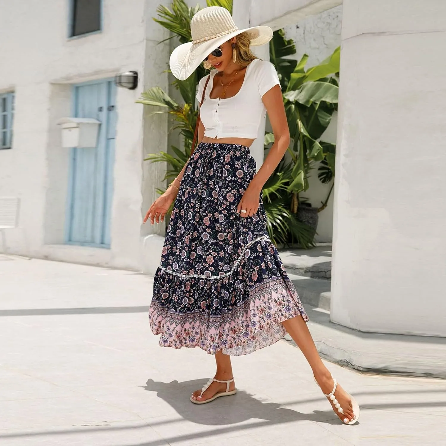 Women's Boho Floral Maxi Skirts Flowy High Waist Summer Pleated A Line Long Skirts for Women Beach Vacation Clothes for Women