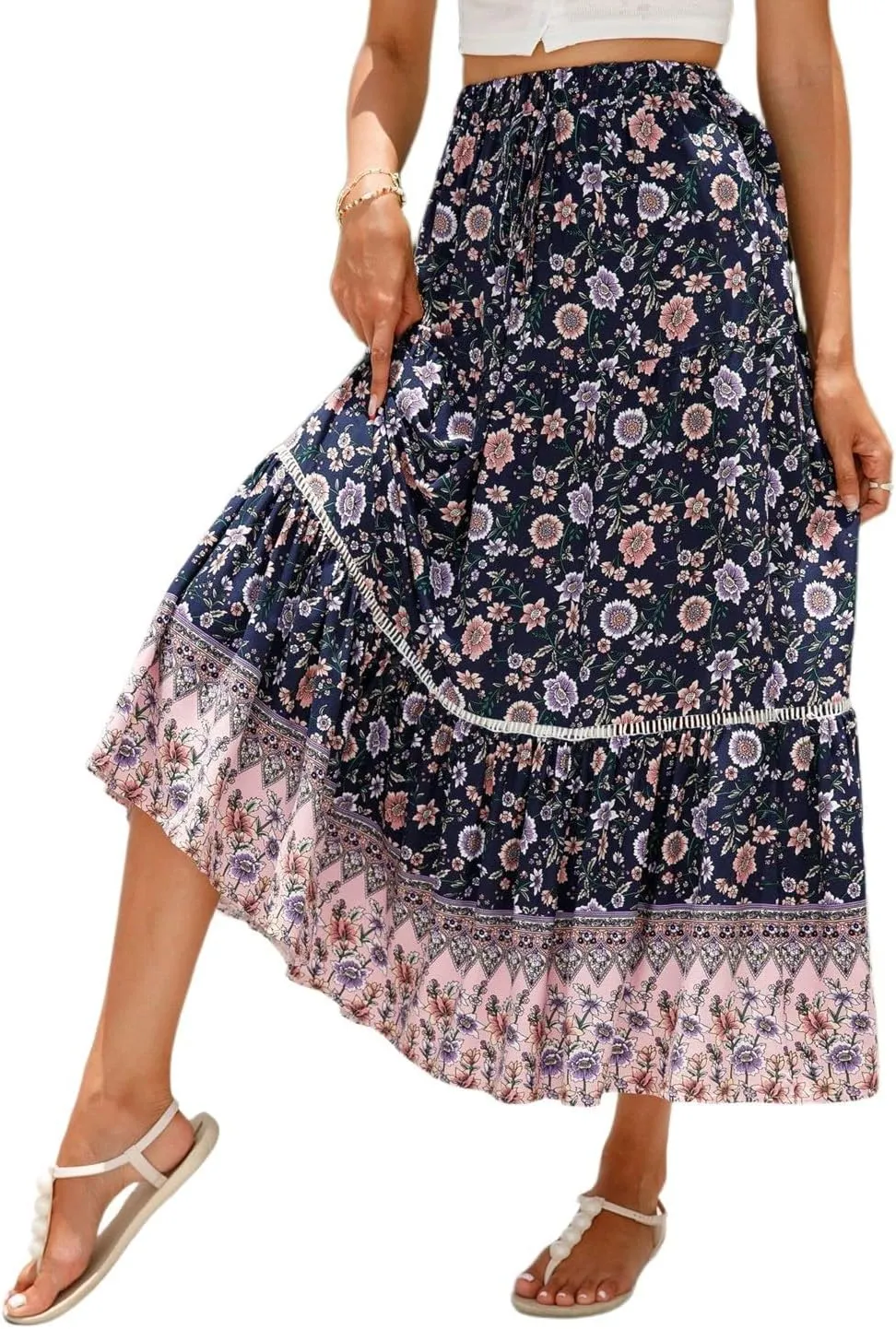 Women's Boho Floral Maxi Skirts Flowy High Waist Summer Pleated A Line Long Skirts for Women Beach Vacation Clothes for Women