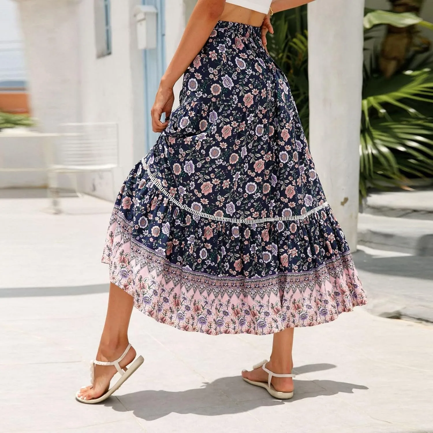 Women's Boho Floral Maxi Skirts Flowy High Waist Summer Pleated A Line Long Skirts for Women Beach Vacation Clothes for Women