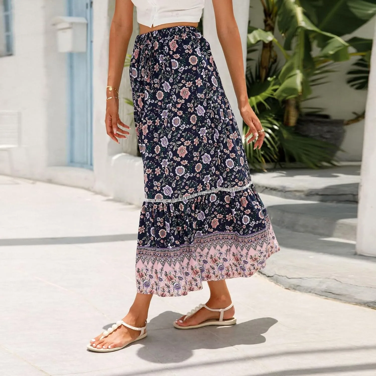 Women's Boho Floral Maxi Skirts Flowy High Waist Summer Pleated A Line Long Skirts for Women Beach Vacation Clothes for Women