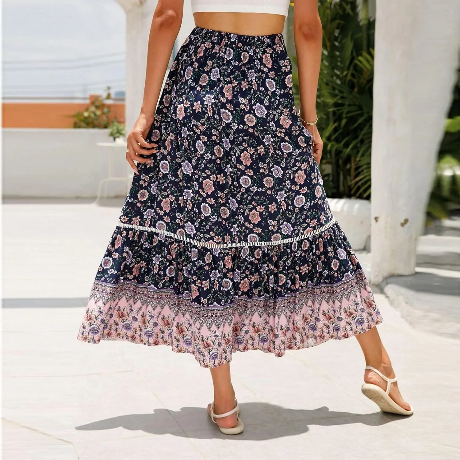 Women's Boho Floral Maxi Skirts Flowy High Waist Summer Pleated A Line Long Skirts for Women Beach Vacation Clothes for Women