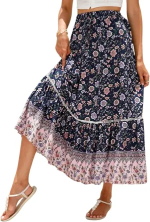 Women's Boho Floral Maxi Skirts Flowy High Waist Summer Pleated A Line Long Skirts for Women Beach Vacation Clothes for Women