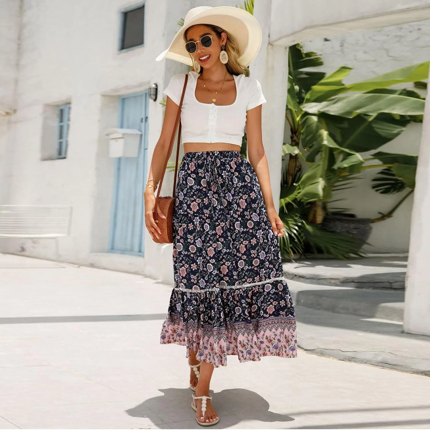 Women's Boho Floral Maxi Skirts Flowy High Waist Summer Pleated A Line Long Skirts for Women Beach Vacation Clothes for Women