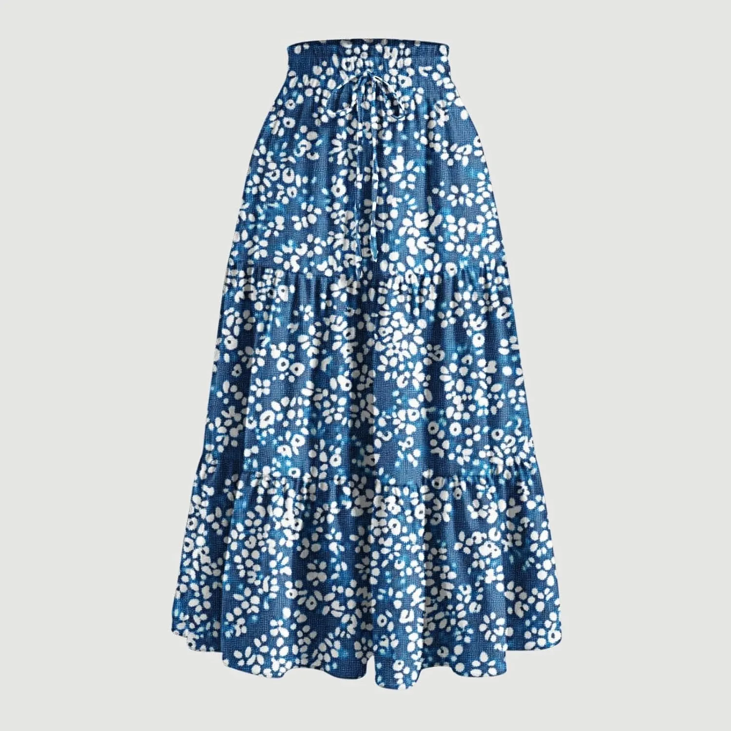 Womens Boho Floral Print Maxi Skirt Summer Drawstring High Waisted Tiered Long Skirts Flowy Beach Vacation Skirts