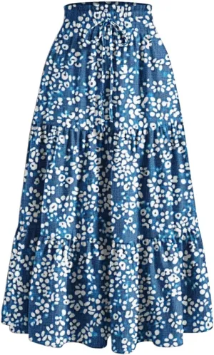 Womens Boho Floral Print Maxi Skirt Summer Drawstring High Waisted Tiered Long Skirts Flowy Beach Vacation Skirts