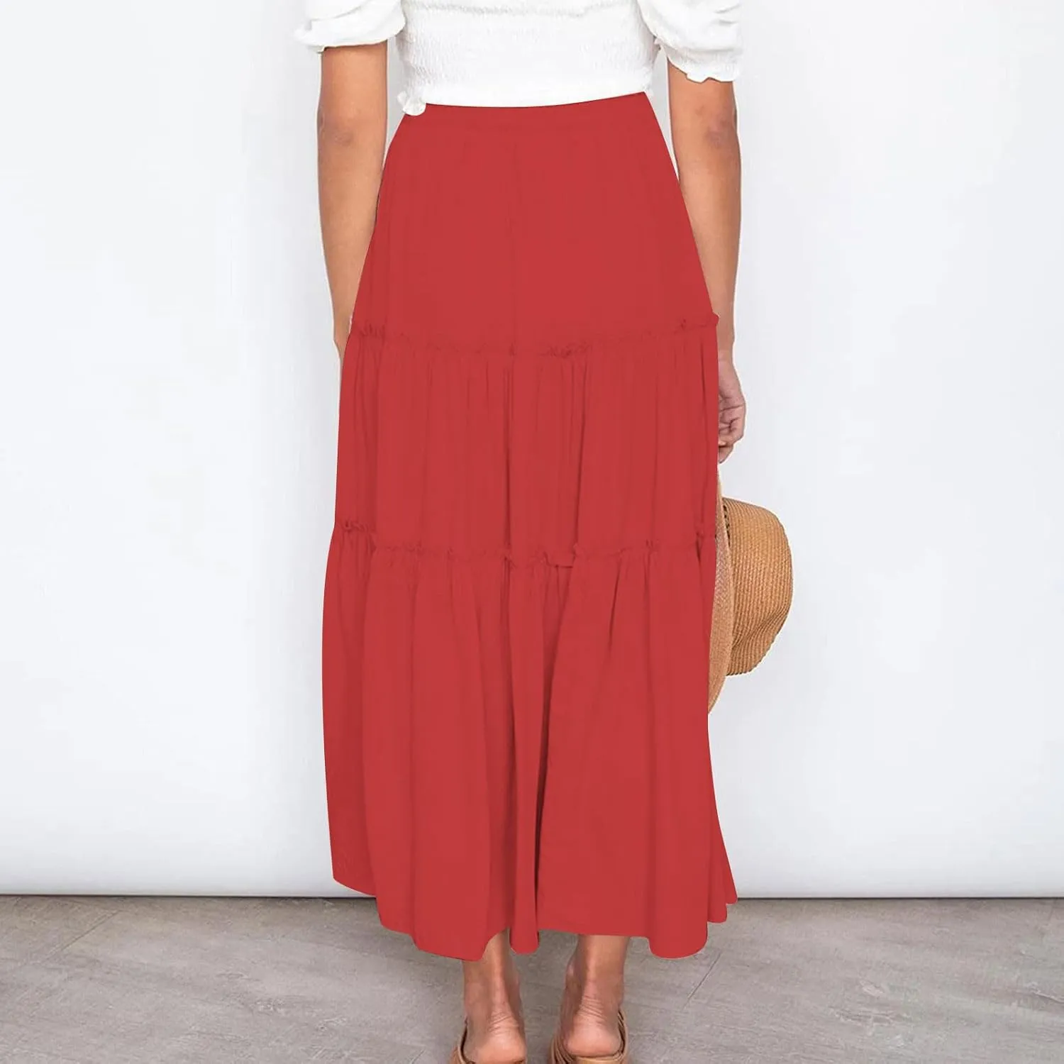 Womens Boho Maxi Skirt Elastic Waist A Line Ruffle Long Skirts Trendy Beach Midi Tiered Swing Skirts Flowy Skirt