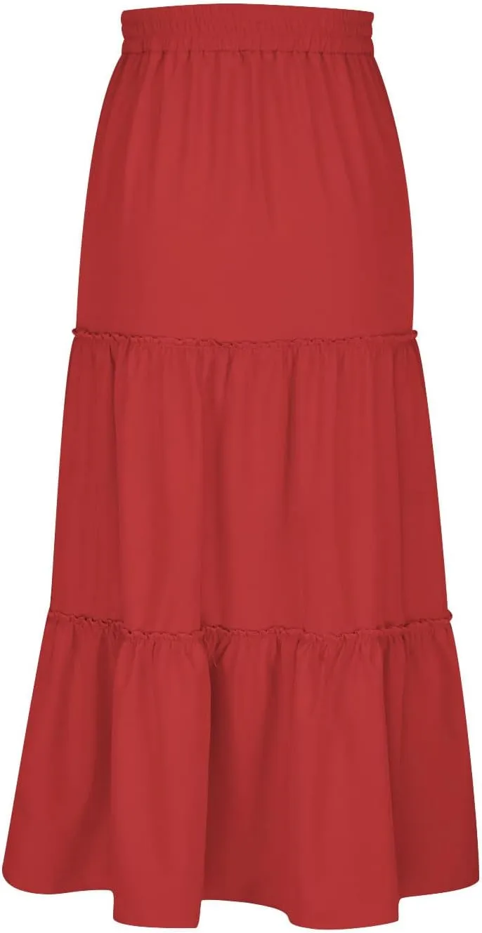 Womens Boho Maxi Skirt Elastic Waist A Line Ruffle Long Skirts Trendy Beach Midi Tiered Swing Skirts Flowy Skirt