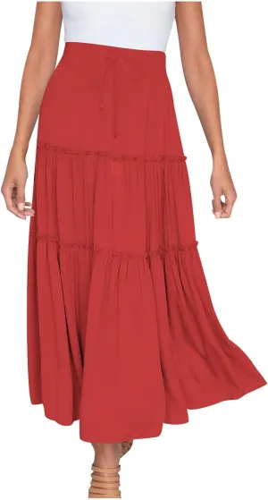 Womens Boho Maxi Skirt Elastic Waist A Line Ruffle Long Skirts Trendy Beach Midi Tiered Swing Skirts Flowy Skirt