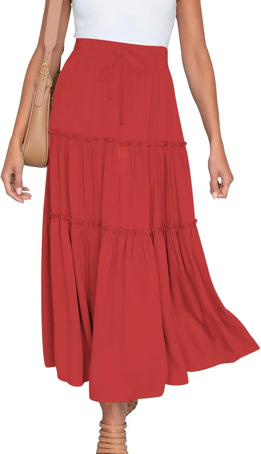 Womens Boho Maxi Skirt Elastic Waist A Line Ruffle Long Skirts Trendy Beach Midi Tiered Swing Skirts Flowy Skirt