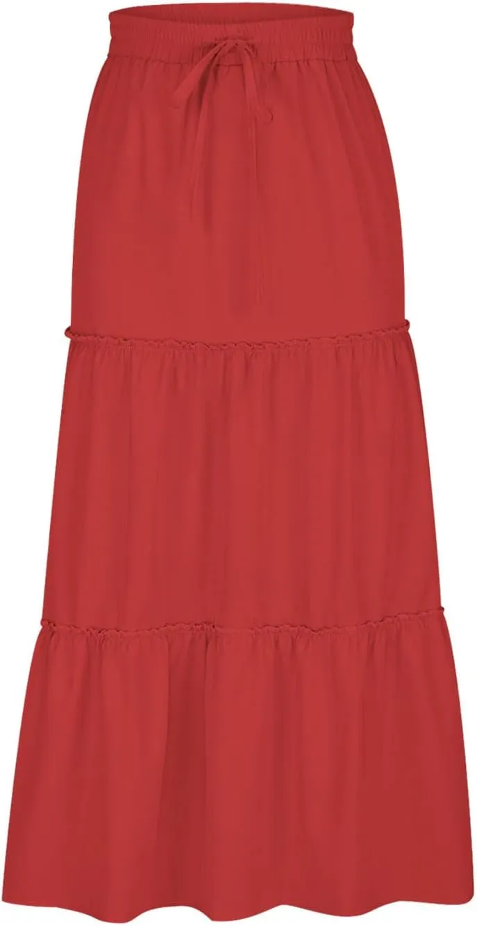 Womens Boho Maxi Skirt Elastic Waist A Line Ruffle Long Skirts Trendy Beach Midi Tiered Swing Skirts Flowy Skirt