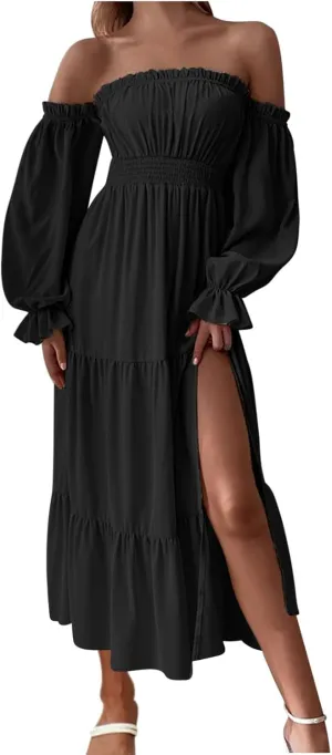 Women's Boho Sexy Off Shoulder Long Sleeve Maxi Dress High Waist Side Split A Line Tiered Long Dresses Party Dress