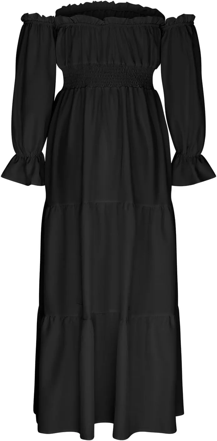 Women's Boho Sexy Off Shoulder Long Sleeve Maxi Dress High Waist Side Split A Line Tiered Long Dresses Party Dress