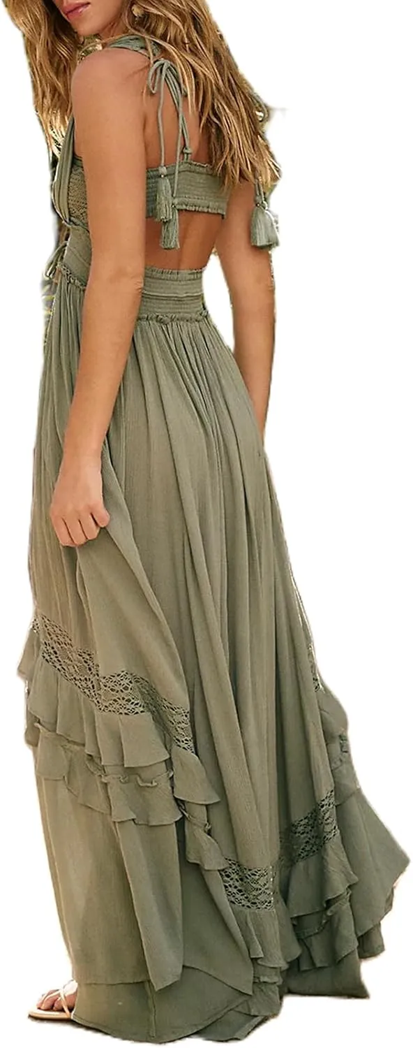 Women's Boho Tie Shoulder Long Dresses Sleeveless Ruffle Layered Maxi Dress Backless Summer Smocked Tiered Sundress