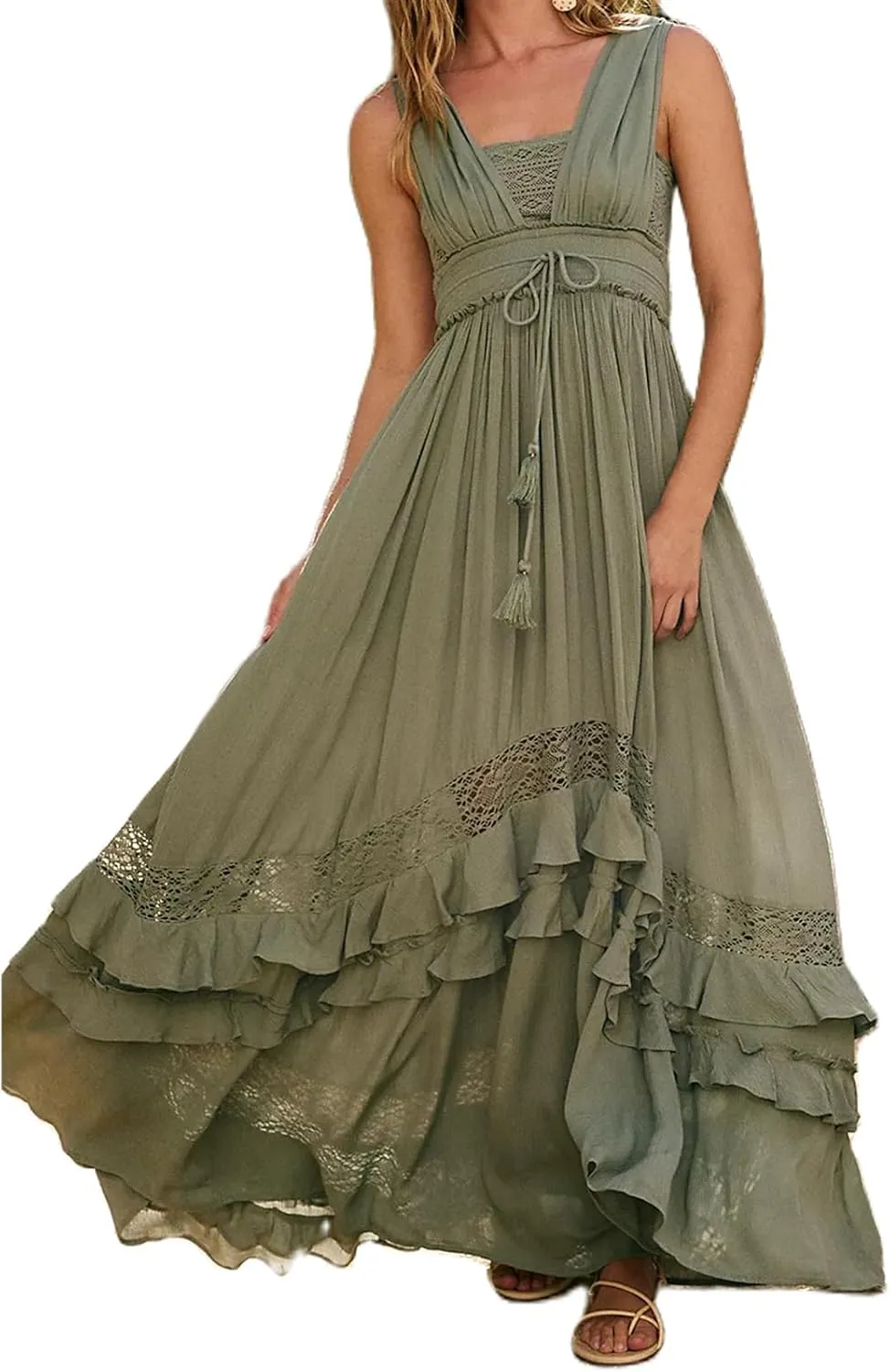 Women's Boho Tie Shoulder Long Dresses Sleeveless Ruffle Layered Maxi Dress Backless Summer Smocked Tiered Sundress
