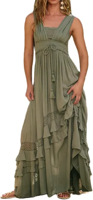 Women's Boho Tie Shoulder Long Dresses Sleeveless Ruffle Layered Maxi Dress Backless Summer Smocked Tiered Sundress