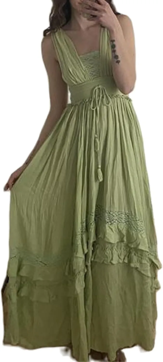 Women's Boho Tie Shoulder Long Dresses Sleeveless Ruffle Layered Maxi Dress Backless Summer Smocked Tiered Sundress