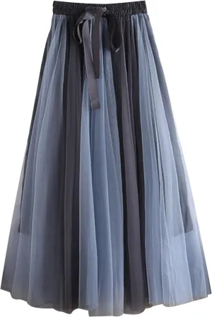 Womens Bow Knot Midi Skirt Color Block Mesh Tulle Skirt Elastic High Waist A-Line Skirts Summer Flowy Ballet Skirt