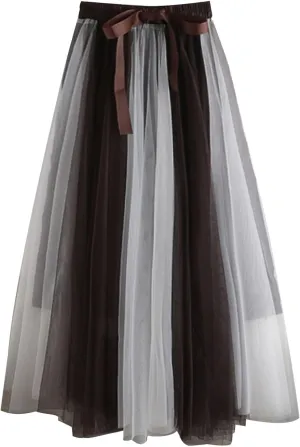 Womens Bow Knot Midi Skirt Color Block Mesh Tulle Skirt Elastic High Waist A-Line Skirts Summer Flowy Ballet Skirt