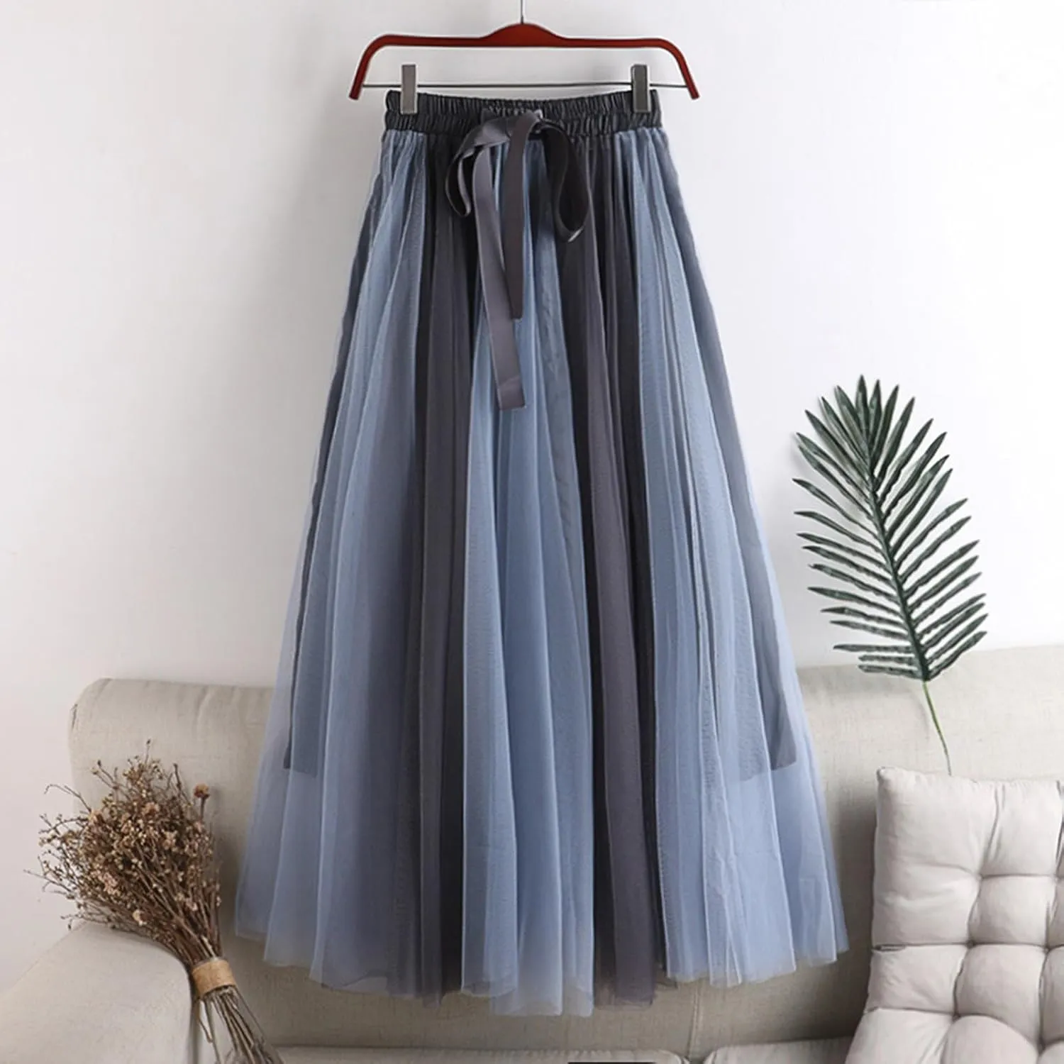 Womens Bow Knot Midi Skirt Color Block Mesh Tulle Skirt Elastic High Waist A-Line Skirts Summer Flowy Ballet Skirt