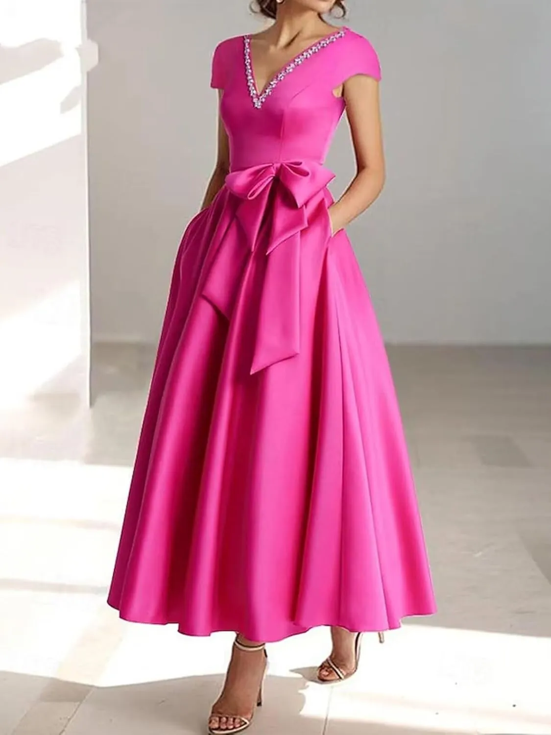 Women's Cap Sleeves Elegant Dress with Pocket Satin V Neck Tea Lenght A Line Formal Wedding Guest Dress with Bow