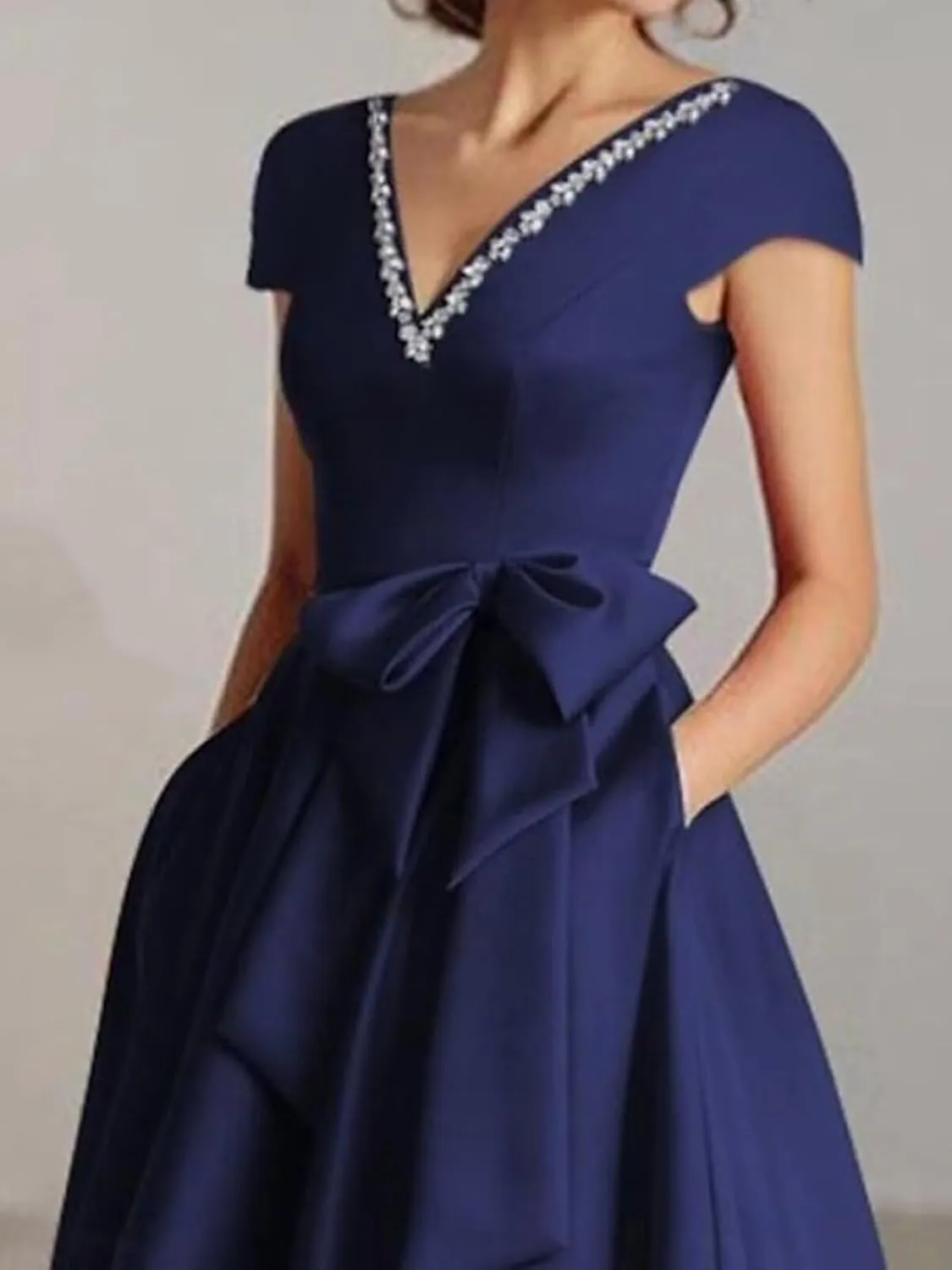 Women's Cap Sleeves Elegant Dress with Pocket Satin V Neck Tea Lenght A Line Formal Wedding Guest Dress with Bow