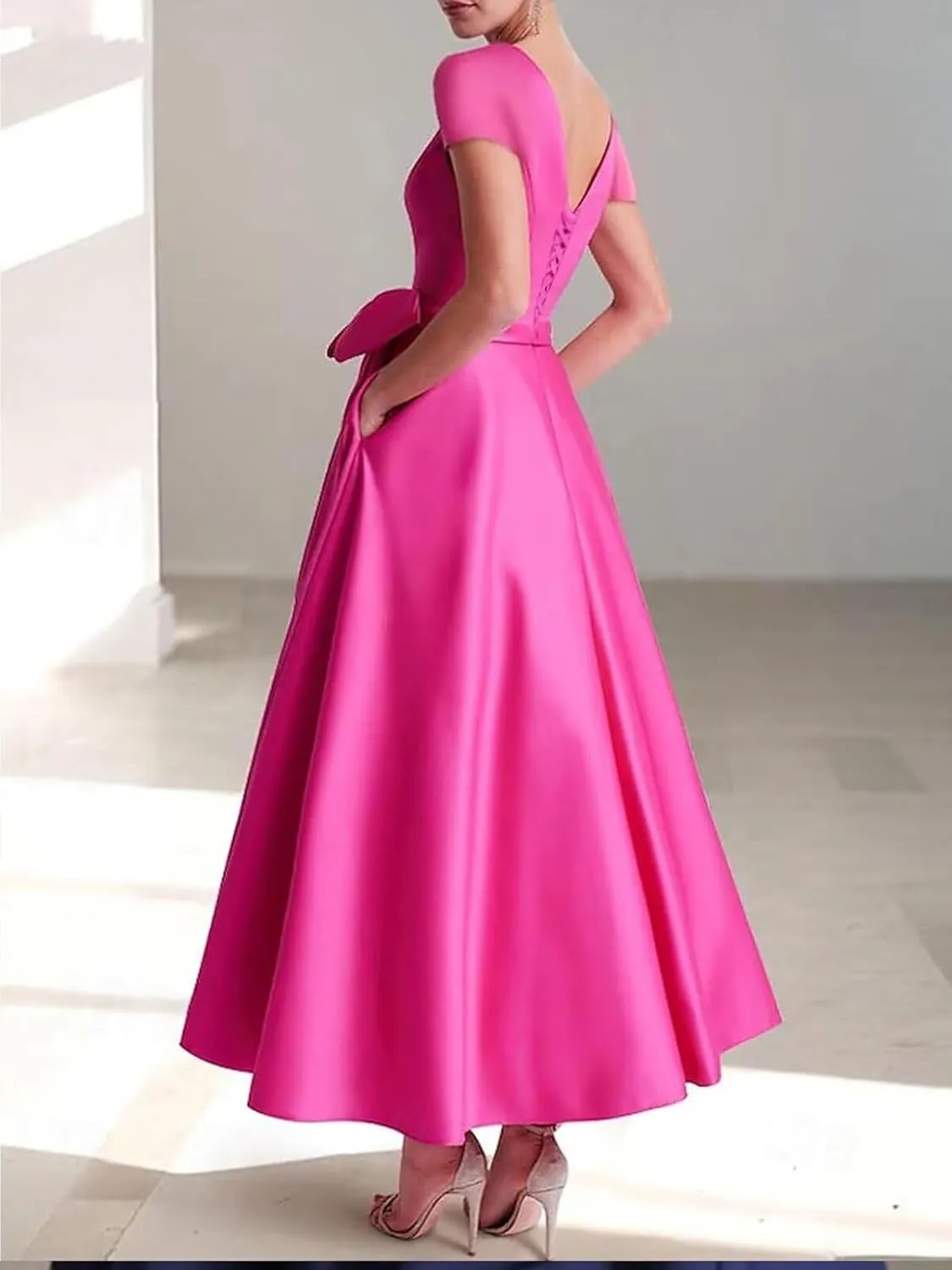 Women's Cap Sleeves Elegant Dress with Pocket Satin V Neck Tea Lenght A Line Formal Wedding Guest Dress with Bow